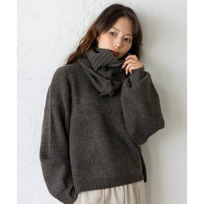 【2点セット】モックネックニット＆ボタン付きネックウォーマー(スヌード) （NAVY）｜詳細画像