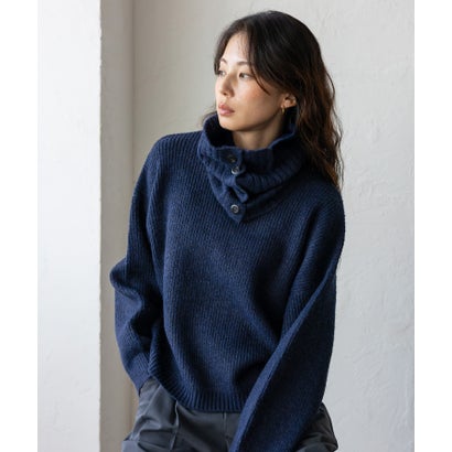 【2点セット】モックネックニット＆ボタン付きネックウォーマー(スヌード) （NAVY）｜詳細画像
