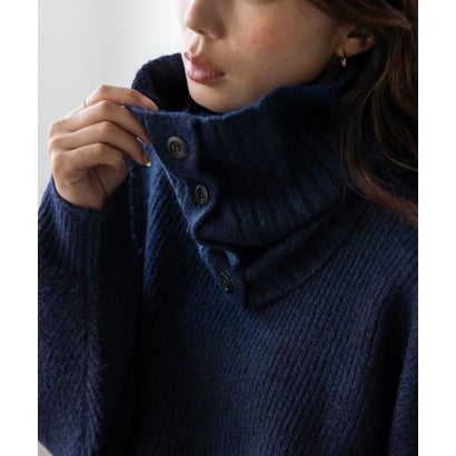 【2点セット】モックネックニット＆ボタン付きネックウォーマー(スヌード) （NAVY）｜詳細画像