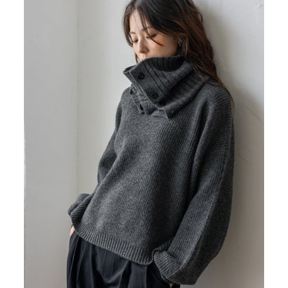 【2点セット】モックネックニット＆ボタン付きネックウォーマー(スヌード) （CHARCOAL）｜詳細画像