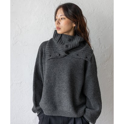【2点セット】モックネックニット＆ボタン付きネックウォーマー(スヌード) （CHARCOAL）｜詳細画像