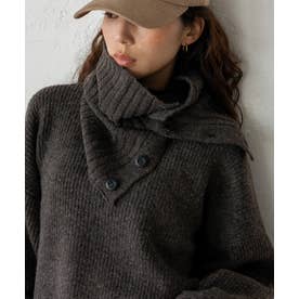 【2点セット】モックネックニット＆ボタン付きネックウォーマー(スヌード) （BROWN）
