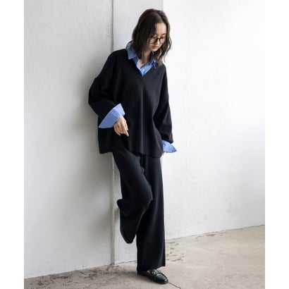 【2点セット】Vネックニット＆ワイドパンツセットアップ （BLACK）｜詳細画像