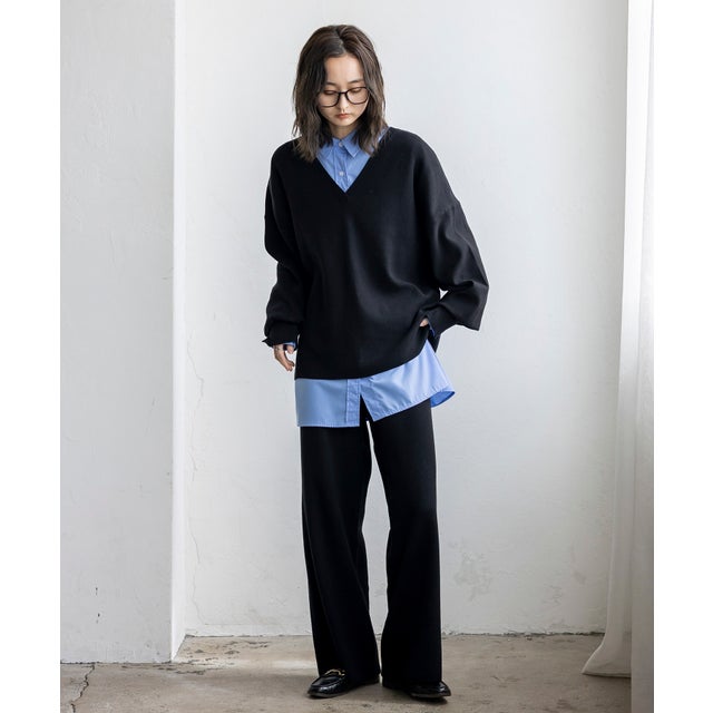 【2点セット】Vネックニット＆ワイドパンツセットアップ （BLACK）