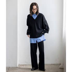 【2点セット】Vネックニット＆ワイドパンツセットアップ （BLACK）