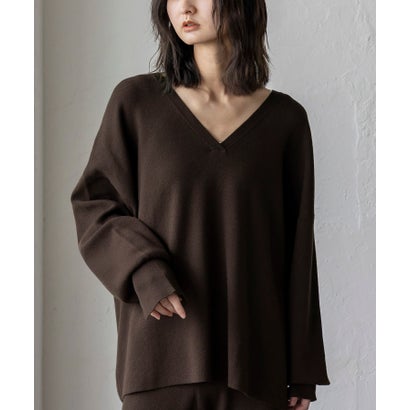 【2点セット】Vネックニット＆ワイドパンツセットアップ （BROWN）｜詳細画像