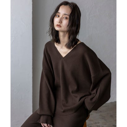 【2点セット】Vネックニット＆ワイドパンツセットアップ （BROWN）｜詳細画像