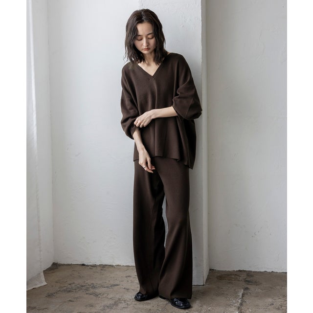 【2点セット】Vネックニット＆ワイドパンツセットアップ （BROWN）