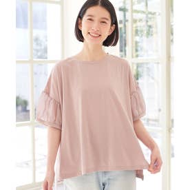 【5つの機能付】ボリューム袖シフォン切替Tシャツ （ピンク）