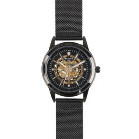 自動巻き腕時計 シンプル機能のフルスケルトンデザイン ブラックケース メッシュベルト WSA003-BKBK （BKBK）