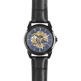 自動巻き腕時計 シンプル機能のスケルトンデザイン ブラックケース 革ベルト 機械式腕時計 WSA025-BLK （BLK）