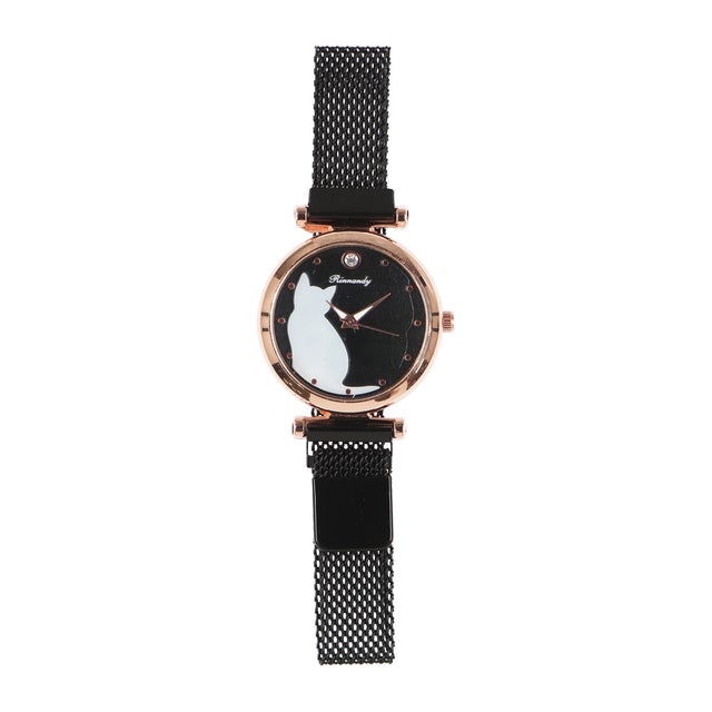 
                    一粒ラインストーン＆ねこの文字盤がかわいい 調節しやすいステンレスメッシュベルト 猫グッズ ねこ腕時計 レディース腕時計 AV053-BKBK （BKBK）