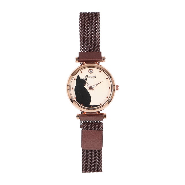 
                    一粒ラインストーン＆ねこの文字盤がかわいい 調節しやすいステンレスメッシュベルト 猫グッズ ねこ腕時計 レディース腕時計 AV053-WHBR （WHBR）