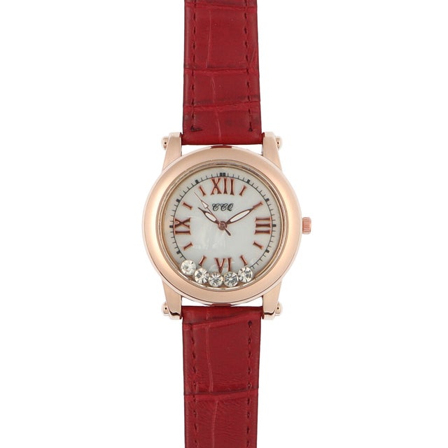 
                    5つの大粒ラインストーンが転がる シェル風デザイン文字盤 ピンクゴールドケース レディース腕時計 AV052-RED （RED）