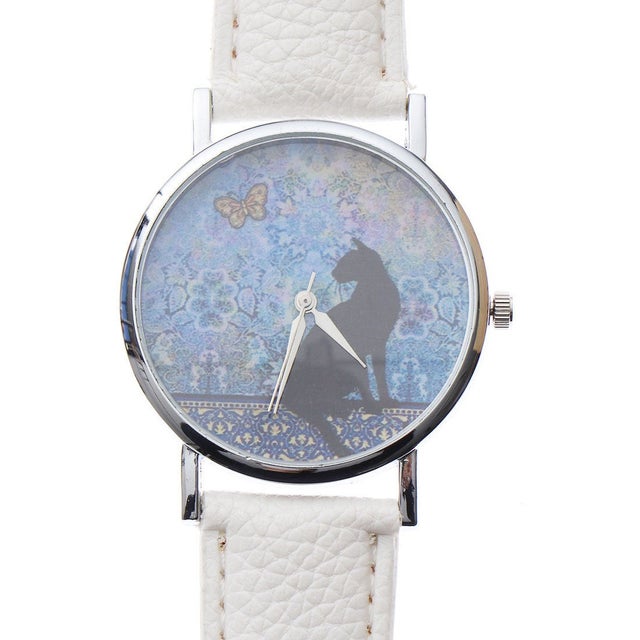 
                    黒猫と蝶々の水彩アート文字盤  型押しPUレザーベルトのデザインウォッチ レディース腕時計 SPST019-WHT （WHT）