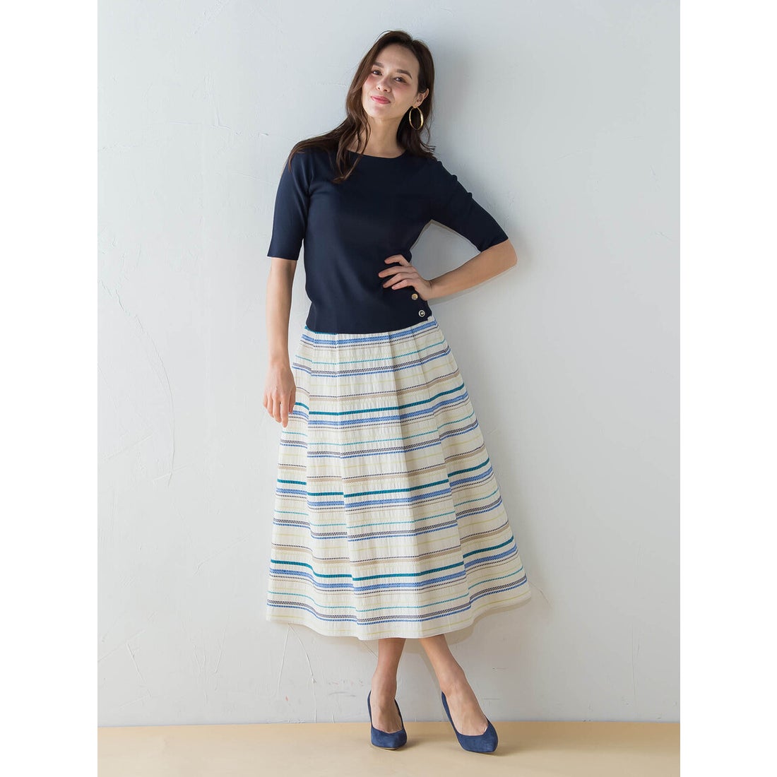 ビアッジョブルー Viaggio Blu マルチボーダー刺繍スカート （ホワイト 