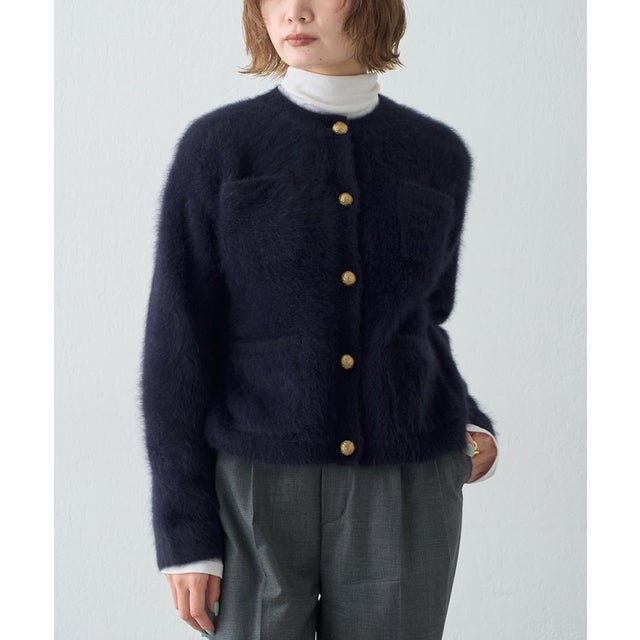 〈WEB限定カラーあり〉カシミヤ混ファークルーネックニットジャケット （navy）