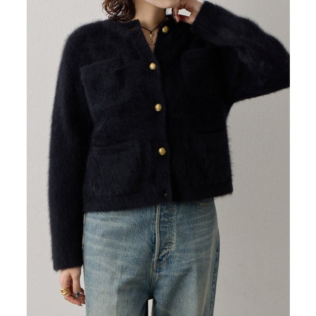 〈WEB限定カラーあり〉カシミヤ混ファークルーネックニットジャケット （black）