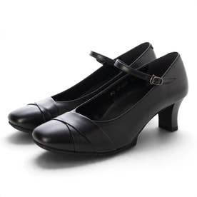 【本革 / 日本製 / 3E】 ぐらつかない新開発ソール ミドルヒール ベルトデザインストラップパンプス （BLK）