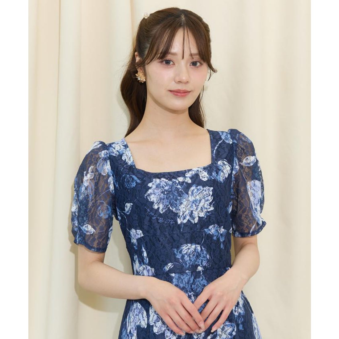ウィルセレクション WILLSELECTION ニュアンスフラワーレースプリント ウィルセレクションレースブルーワンピース