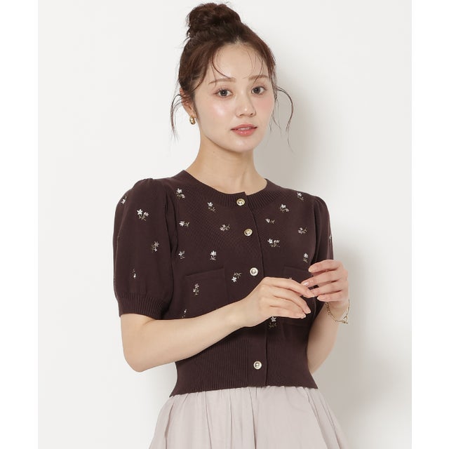 モチーフ刺繍カーディガン ダークブラウン