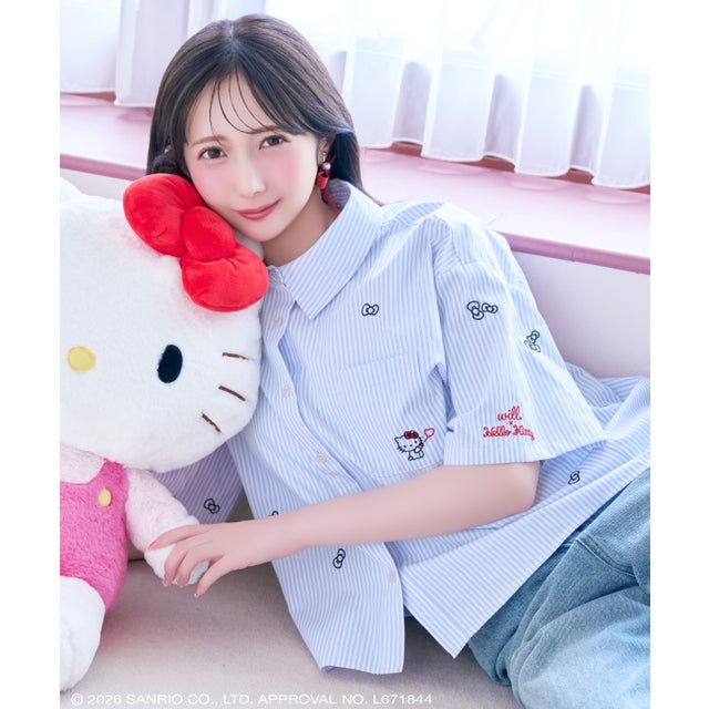 ×HELLO KITTY 刺繍クロップドシャツ purpleborderストライプ