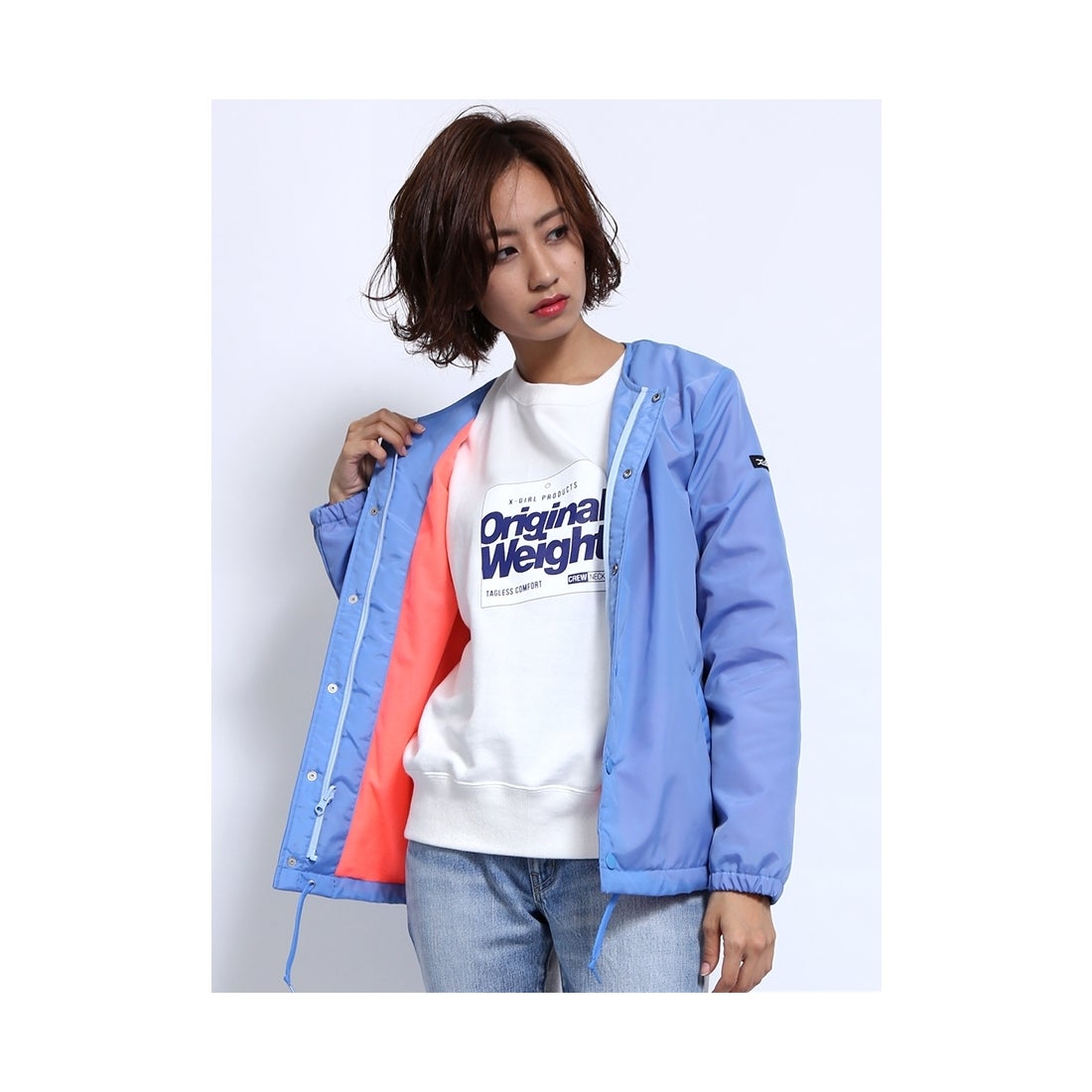 X-girl COLLARLESSCOACHJACKET/ノーカラーコーチジャケット Light BLUE 