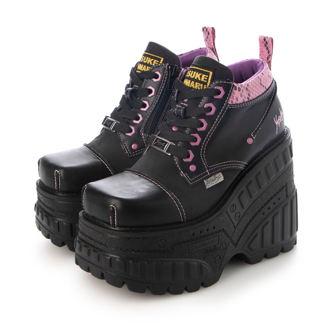靴/シューズ【新品】ヨースケ YOSUKE 厚底 レースアップ ブーツ 黒×ピンク