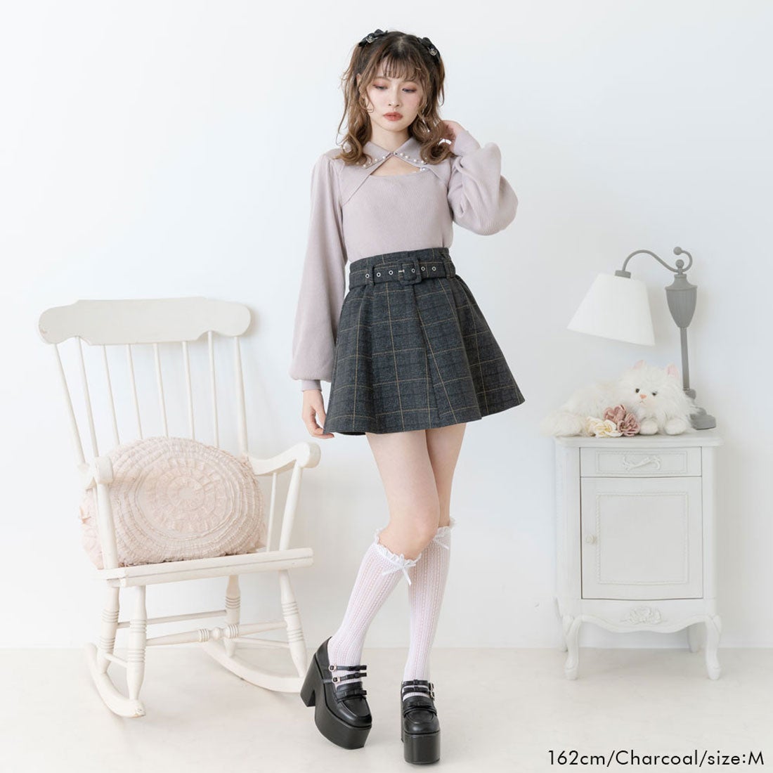 ユメテンボウ 夢展望 ベルトセットチェックフレアスカート （ブラック 